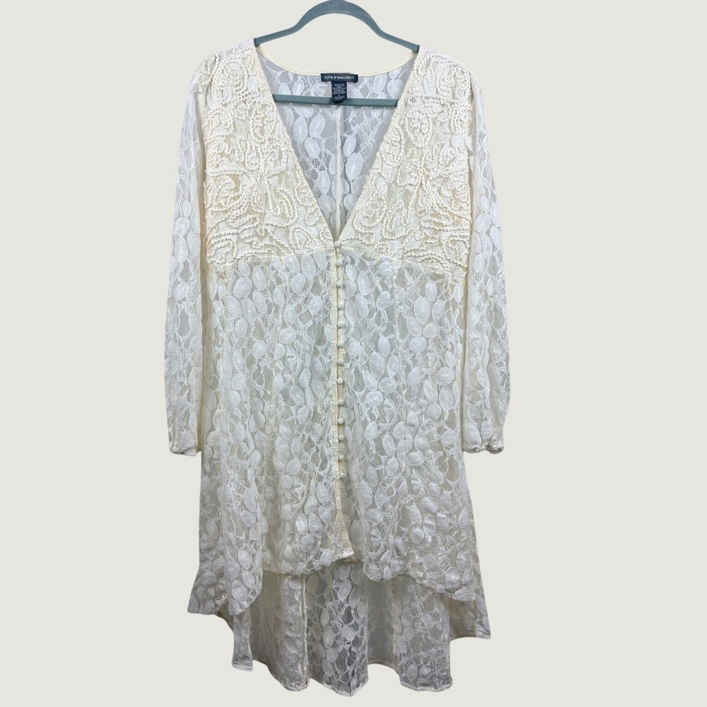Kate & Mallory Ivory Sheer Lace Button Front Duster Cover Up Boho Lagenlook Chic